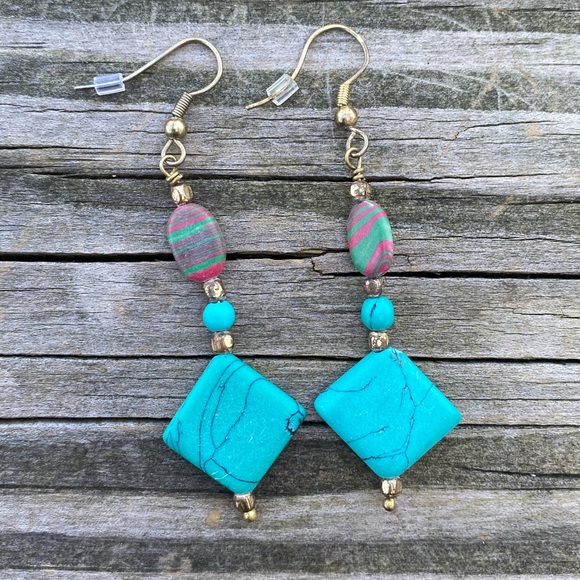 Turquoise beaded drop earrings brass tone genuine stone Canyon Sky - Picture 2 of 6